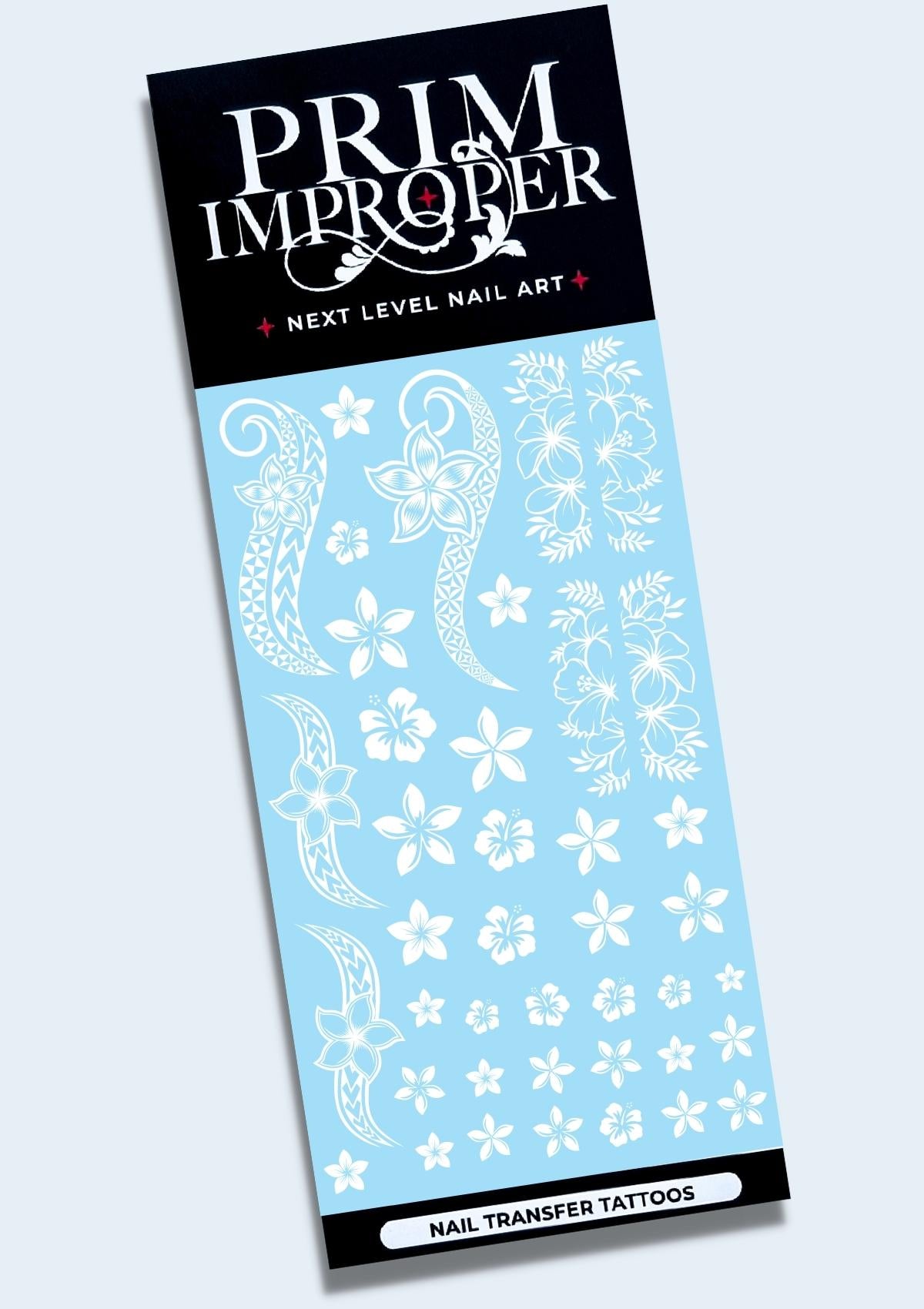 POLYNESIAN NAIL TRANSFER TATTOOS - TROPICAL FLOWERS - WHITE