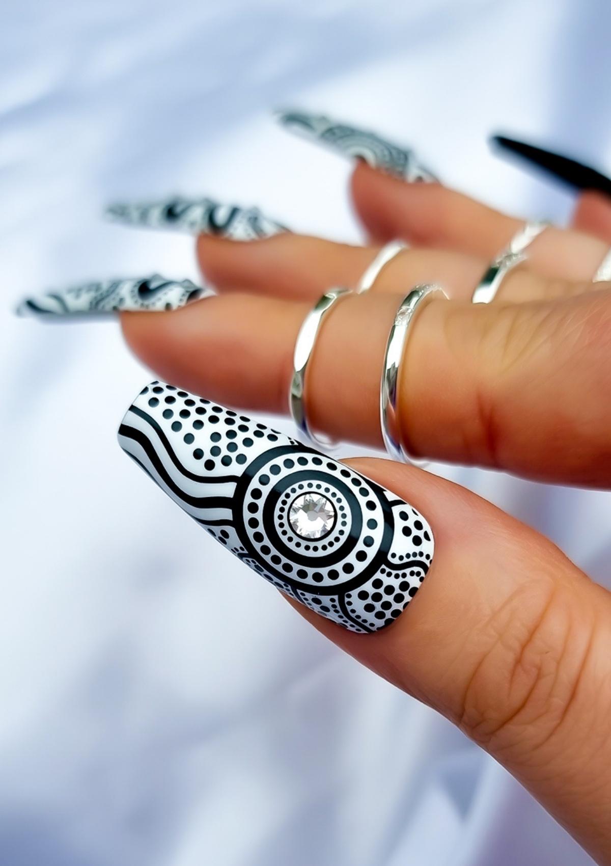 Black and white Aboriginal Australian nail art design