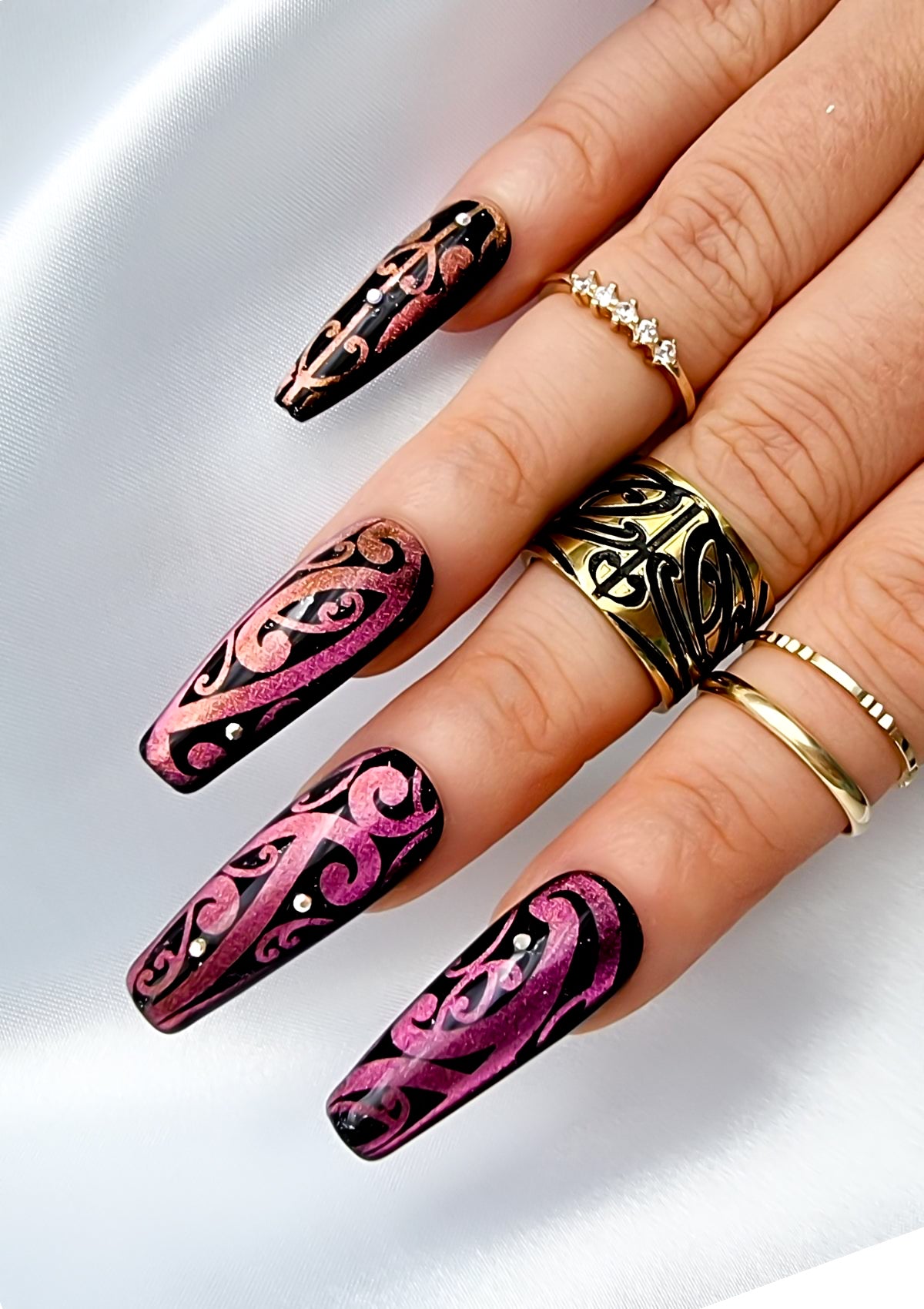 Purple nails with Black Maori Nail Foil design and Swarovski crystals